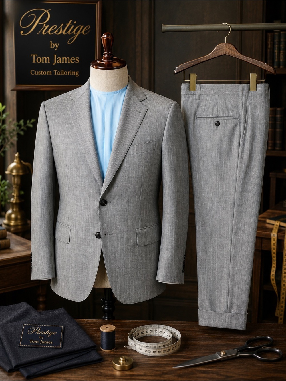 Tom James Prestige Custom Gray Pinstripe Wool Blend Suit 44R 36x28